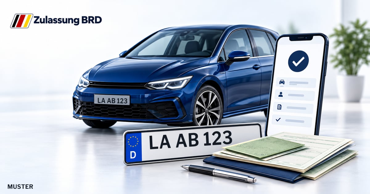 Online Fahrzeugzulassung in Altdorf: Musterkennzeichen LA AB 123, Auto und Fahrzeugpapiere und Smartphone. Illustration mit Logo von Zulassung BRD.